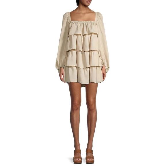 New with Tags WeWoreWhat Crinkle Crème Bruilee Tiered Mini Dress Size Small - Picture 1 of 10